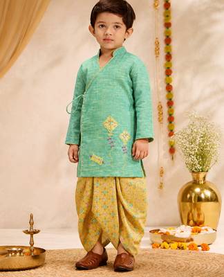 Boys mint green cotton applique embroidery kurta dhoti set 4