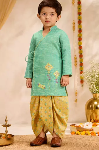 Boys mint green cotton applique embroidery kurta dhoti set