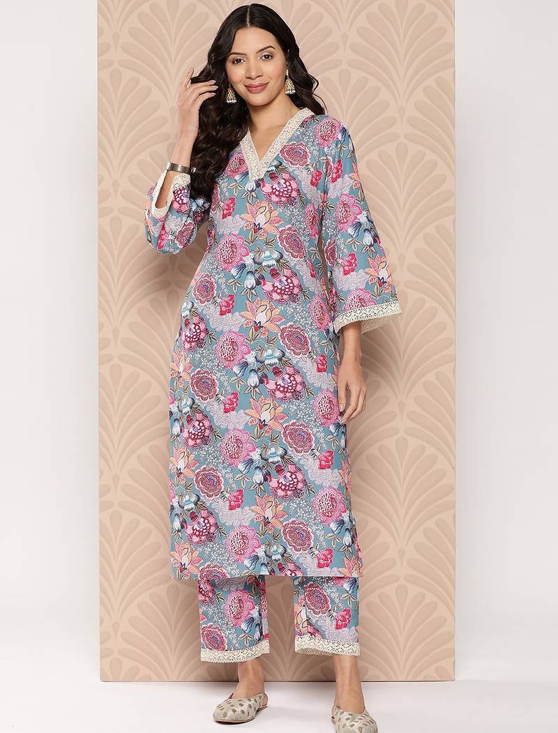 Floral Printed Regular Kurta with Trousers
