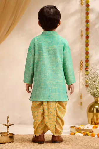 Boys mint green cotton applique embroidery kurta dhoti set