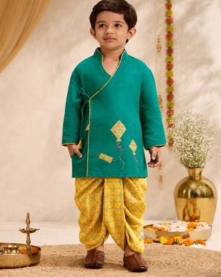 Boys turquoise cotton applique embroidery kurta dhoti set 1