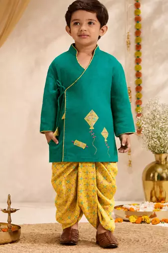 Boys turquoise cotton applique embroidery kurta dhoti set