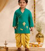 Boys turquoise cotton applique embroidery kurta dhoti set
