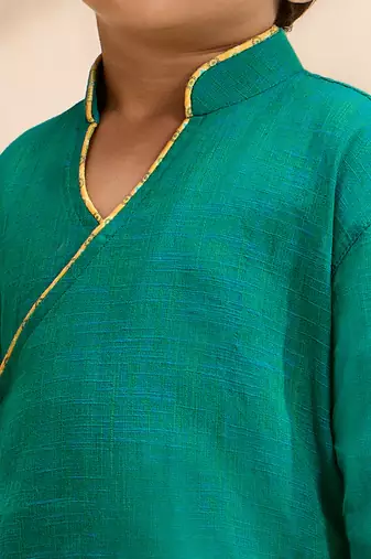 Boys turquoise cotton applique embroidery kurta dhoti set
