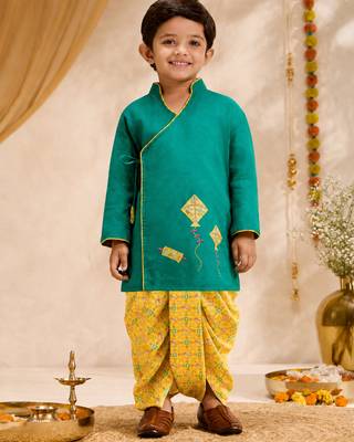 Boys turquoise cotton applique embroidery kurta dhoti set 3