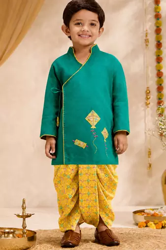 Boys turquoise cotton applique embroidery kurta dhoti set