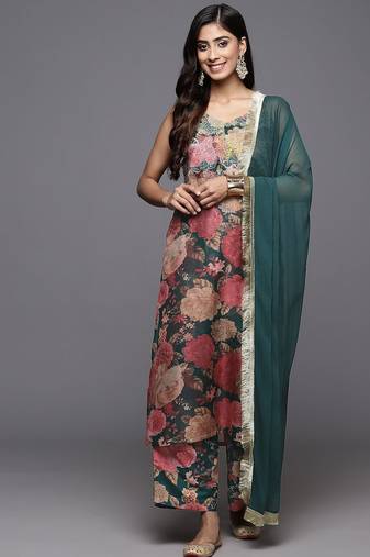 Floral Printed Zari Kurta With Palazzos & Dupatta