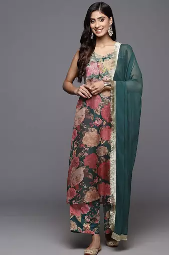 Floral Printed Zari Kurta With Palazzos & Dupatta