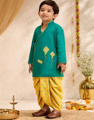 Boys turquoise cotton applique embroidery kurta dhoti set 4