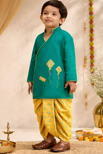 Boys turquoise cotton applique embroidery kurta dhoti set