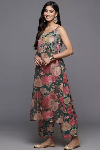 Floral Printed Zari Kurta With Palazzos & Dupatta