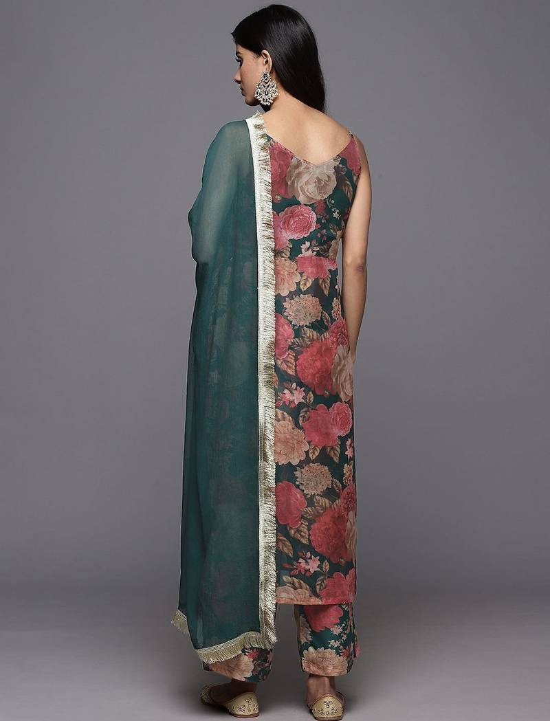 Floral Printed Zari Kurta With Palazzos & Dupatta