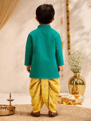 Boys turquoise cotton applique embroidery kurta dhoti set 5