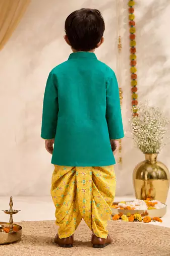 Boys turquoise cotton applique embroidery kurta dhoti set