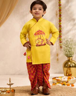 Boys yellow cotton applique embroidery kurta printed dhoti set 1