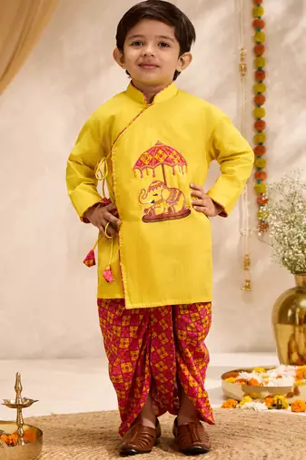 Boys yellow cotton applique embroidery kurta printed dhoti set