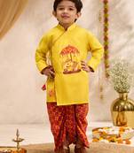 Boys yellow cotton applique embroidery kurta printed dhoti set