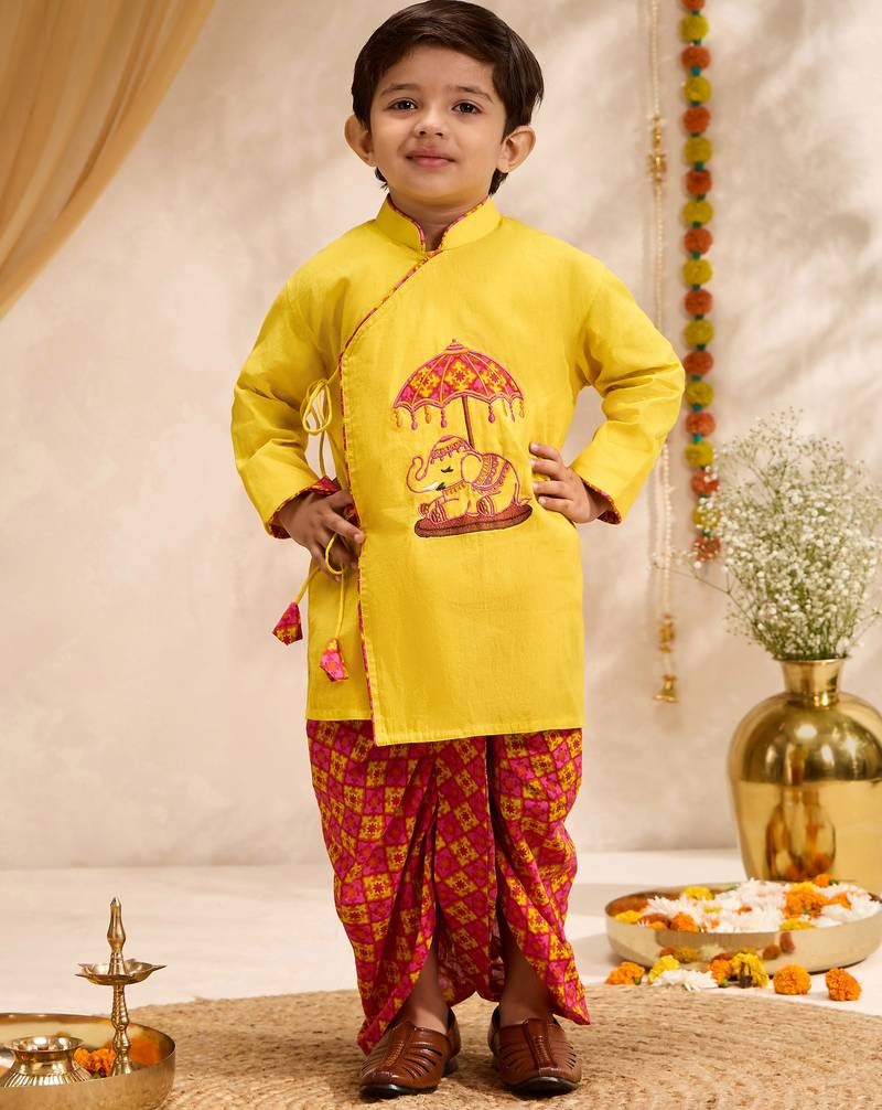 Boys yellow cotton applique embroidery kurta printed dhoti set