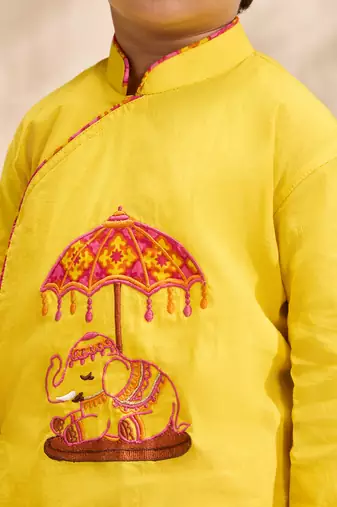 Boys yellow cotton applique embroidery kurta printed dhoti set