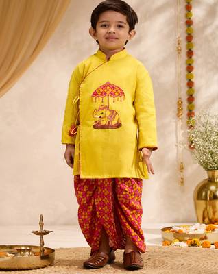 Boys yellow cotton applique embroidery kurta printed dhoti set 3
