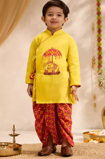 Boys yellow cotton applique embroidery kurta printed dhoti set