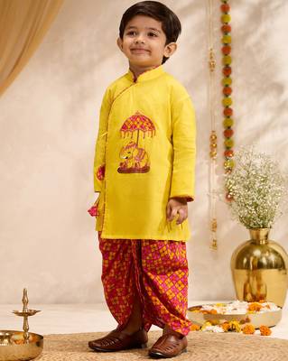 Boys yellow cotton applique embroidery kurta printed dhoti set 4
