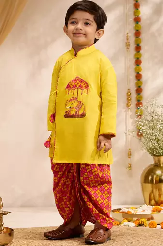 Boys yellow cotton applique embroidery kurta printed dhoti set