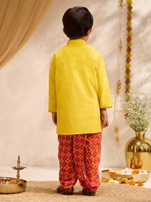 Boys yellow cotton applique embroidery kurta printed dhoti set 5