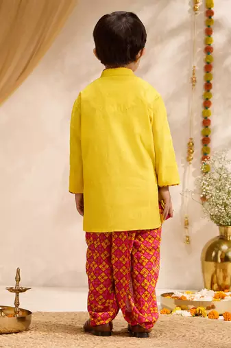 Boys yellow cotton applique embroidery kurta printed dhoti set