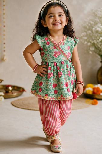Sishu girls mint green & aqua floral print  angarakha kurta with pant