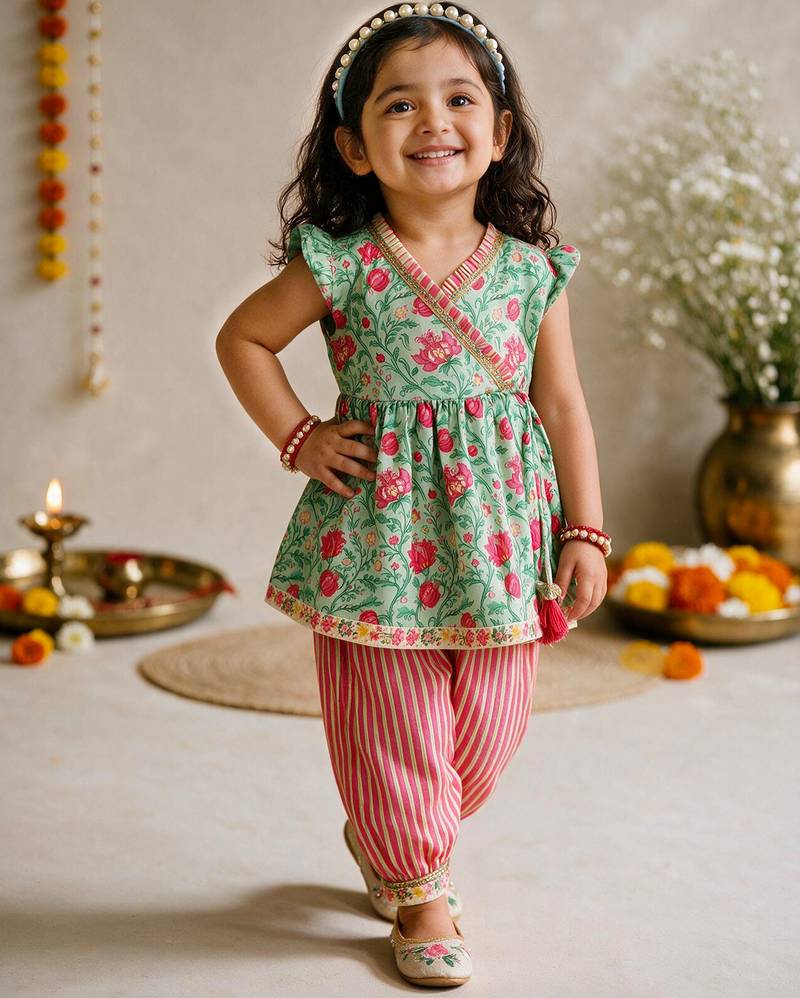 Sishu girls mint green & aqua floral print  angarakha kurta with pant