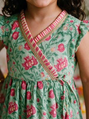 Sishu girls mint green & aqua floral print  angarakha kurta with pant 2