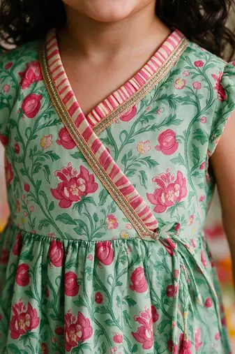 Sishu girls mint green & aqua floral print  angarakha kurta with pant