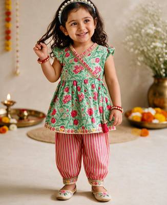 Sishu girls mint green & aqua floral print  angarakha kurta with pant 3