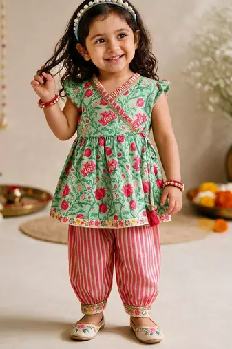 Sishu girls mint green & aqua floral print  angarakha kurta with pant