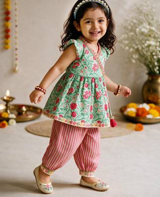 Sishu girls mint green & aqua floral print  angarakha kurta with pant 4