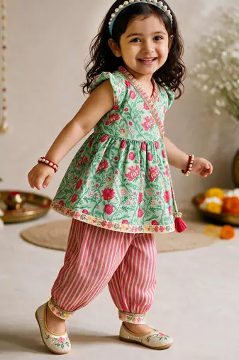 Sishu girls mint green & aqua floral print  angarakha kurta with pant
