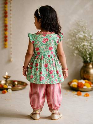 Sishu girls mint green & aqua floral print  angarakha kurta with pant 5