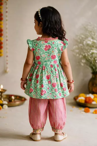 Sishu girls mint green & aqua floral print  angarakha kurta with pant