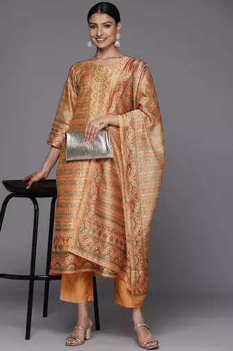 Women Coral Printed Regular Chanderi Silk Kurta with Trousers & With Dupatta