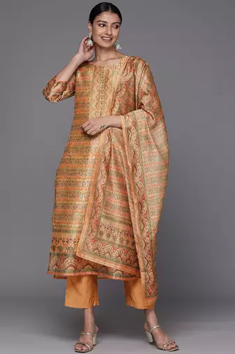 Women Coral Printed Regular Chanderi Silk Kurta with Trousers & With Dupatta