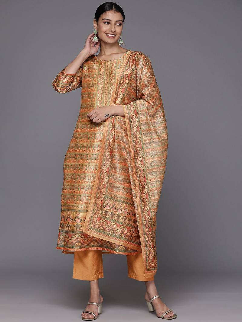 Women Coral Printed Regular Chanderi Silk Kurta with Trousers & With Dupatta