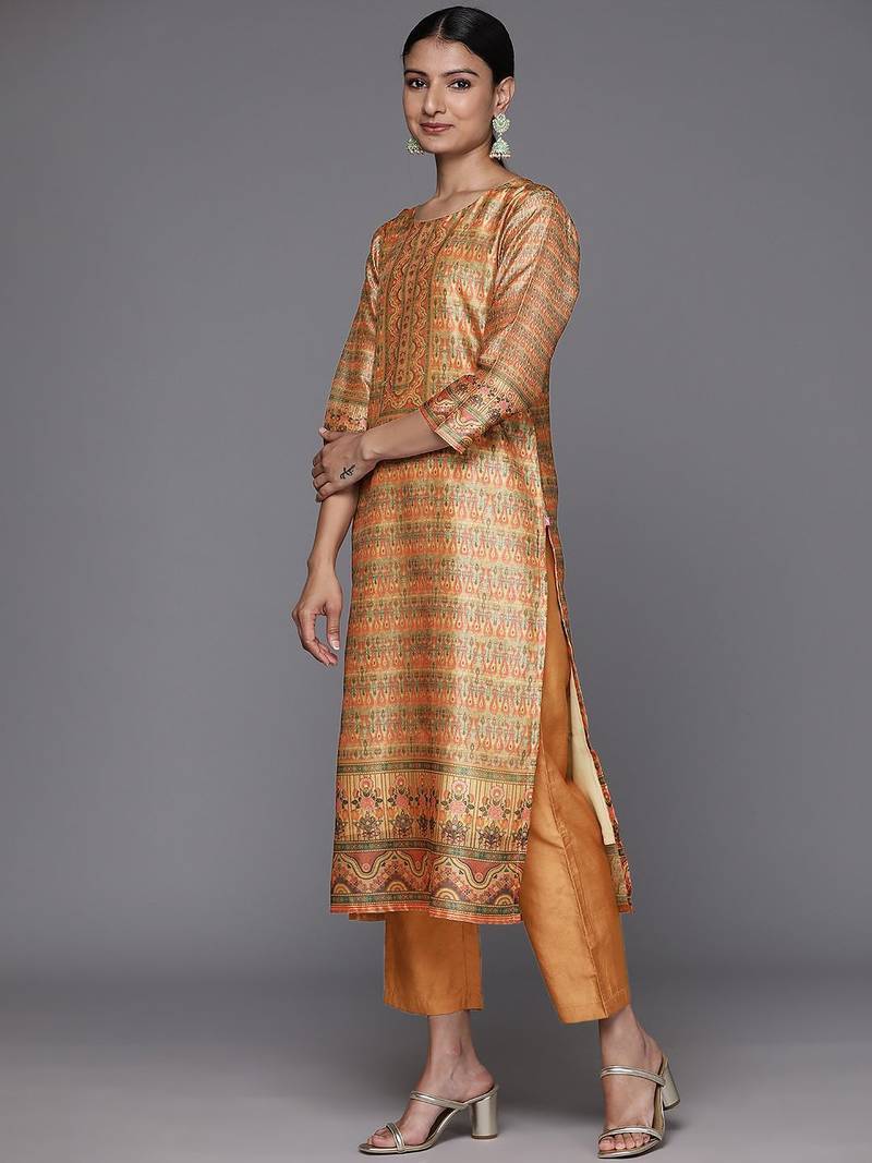 Women Coral Printed Regular Chanderi Silk Kurta with Trousers & With Dupatta