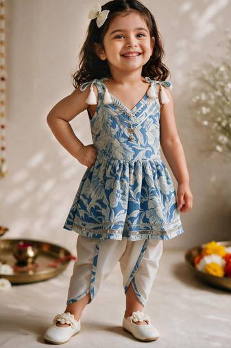 Sishu girls blue floral print kurta with dhoti pants