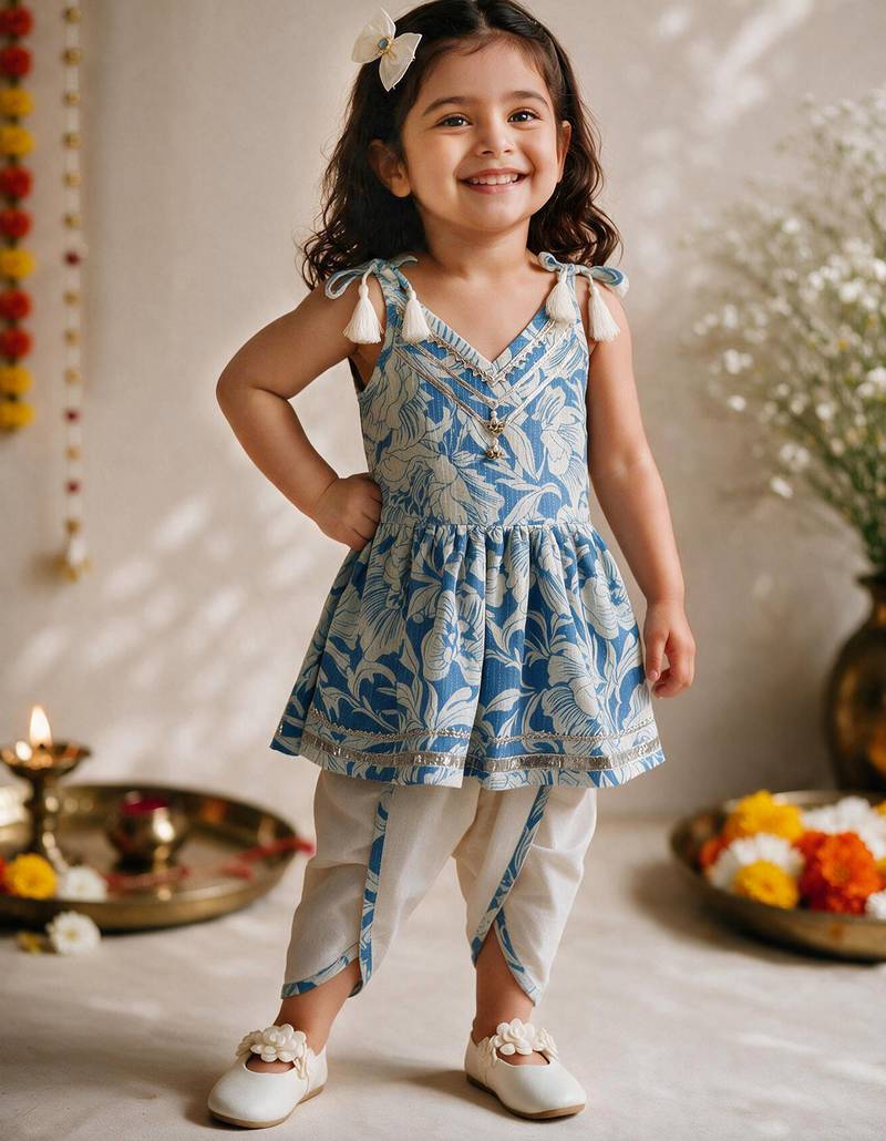 Sishu girls blue floral print kurta with dhoti pants