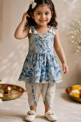 Sishu girls blue floral print kurta with dhoti pants