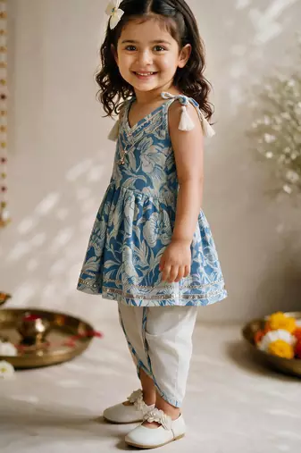 Sishu girls blue floral print kurta with dhoti pants