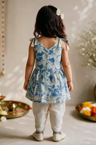 Sishu girls blue floral print kurta with dhoti pants