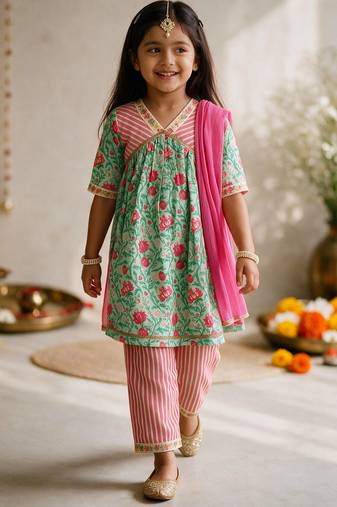 Girls mint green & pink floral print kurta with pant & dupatta