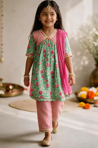 Girls mint green & pink floral print kurta with pant & dupatta